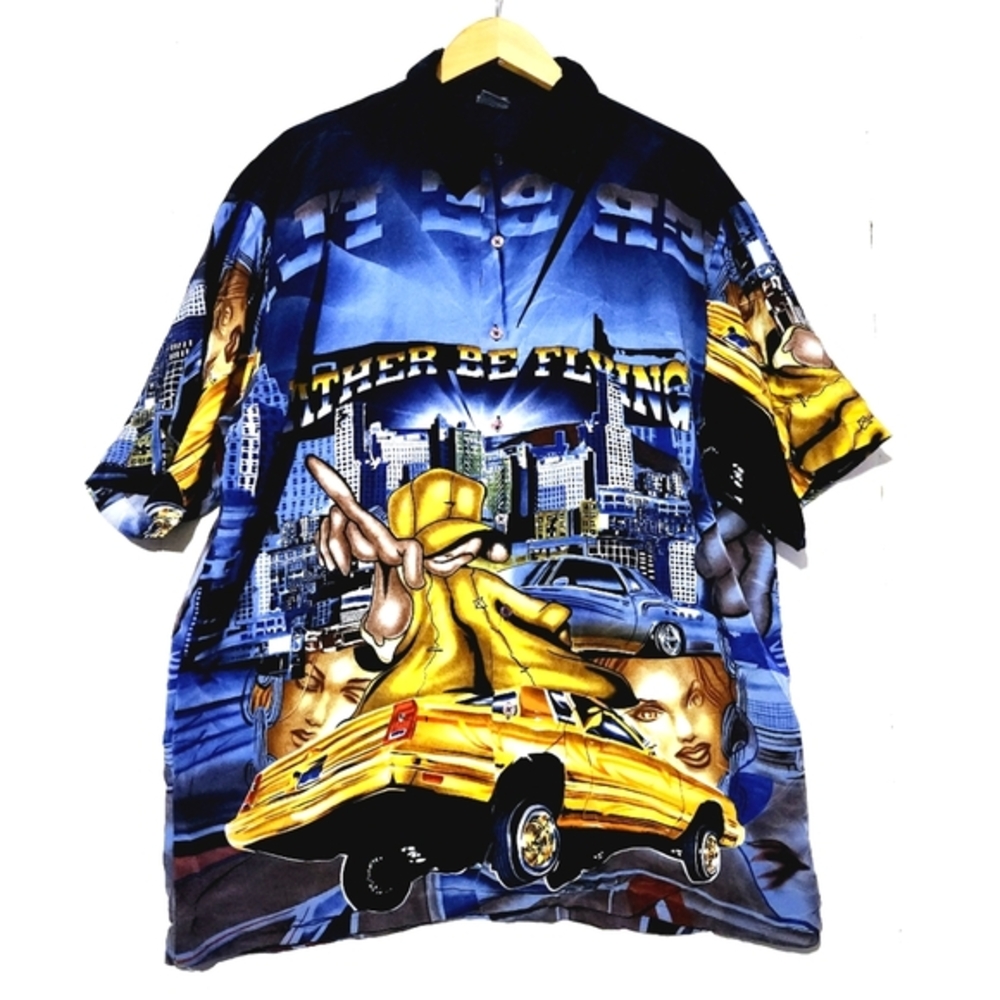 Graphic Oversized Button-Up Shirt in Blue & Yellow